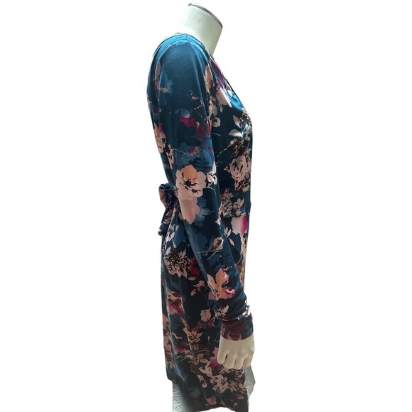 Thalia Sodi Small Teal Floral Wrap Dress Long Sleeve Fall Party Cafecore Look - Picture 4 of 12